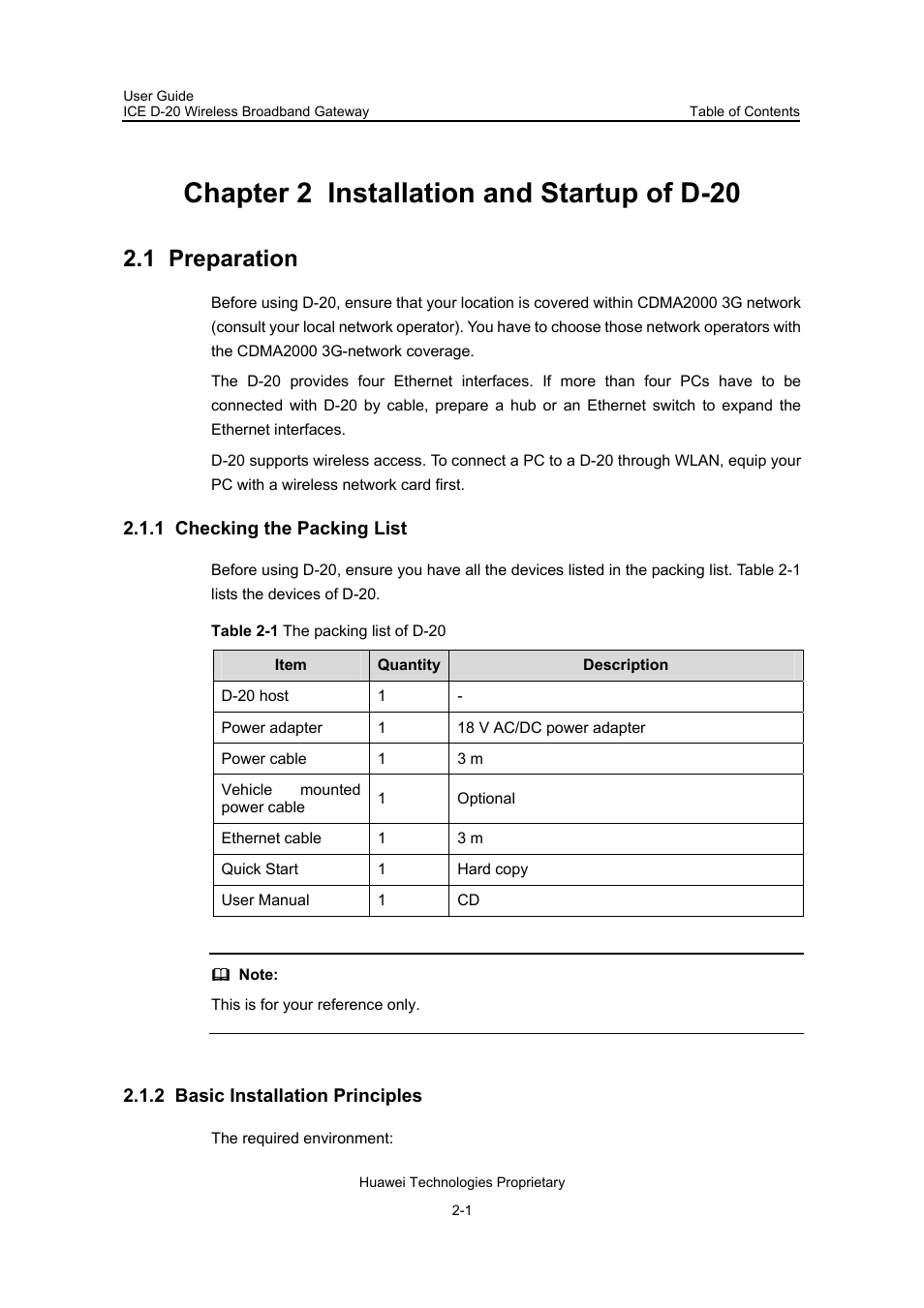 Chapter 2 installation and startup of d-20, 1 preparation, 1 checking the packing list | 2 basic installation principles, Chapter 2 installation and startup of d-20 -1, 1 preparation -1 | Insignia ICE D-20 EC506 User Manual | Page 10 / 45