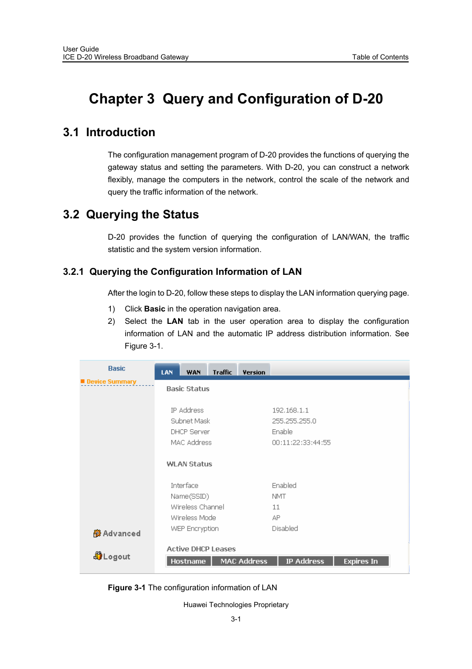 Chapter 3 query and configuration of d-20, 1 introduction, 2 querying the status | 1 querying the configuration information of lan, Chapter 3 query and configuration of d-20 -1, 1 introduction -1 3.2 querying the status -1, 1 querying the configuration information of lan -1 | Insignia ICE D-20 EC506 User Manual | Page 19 / 45