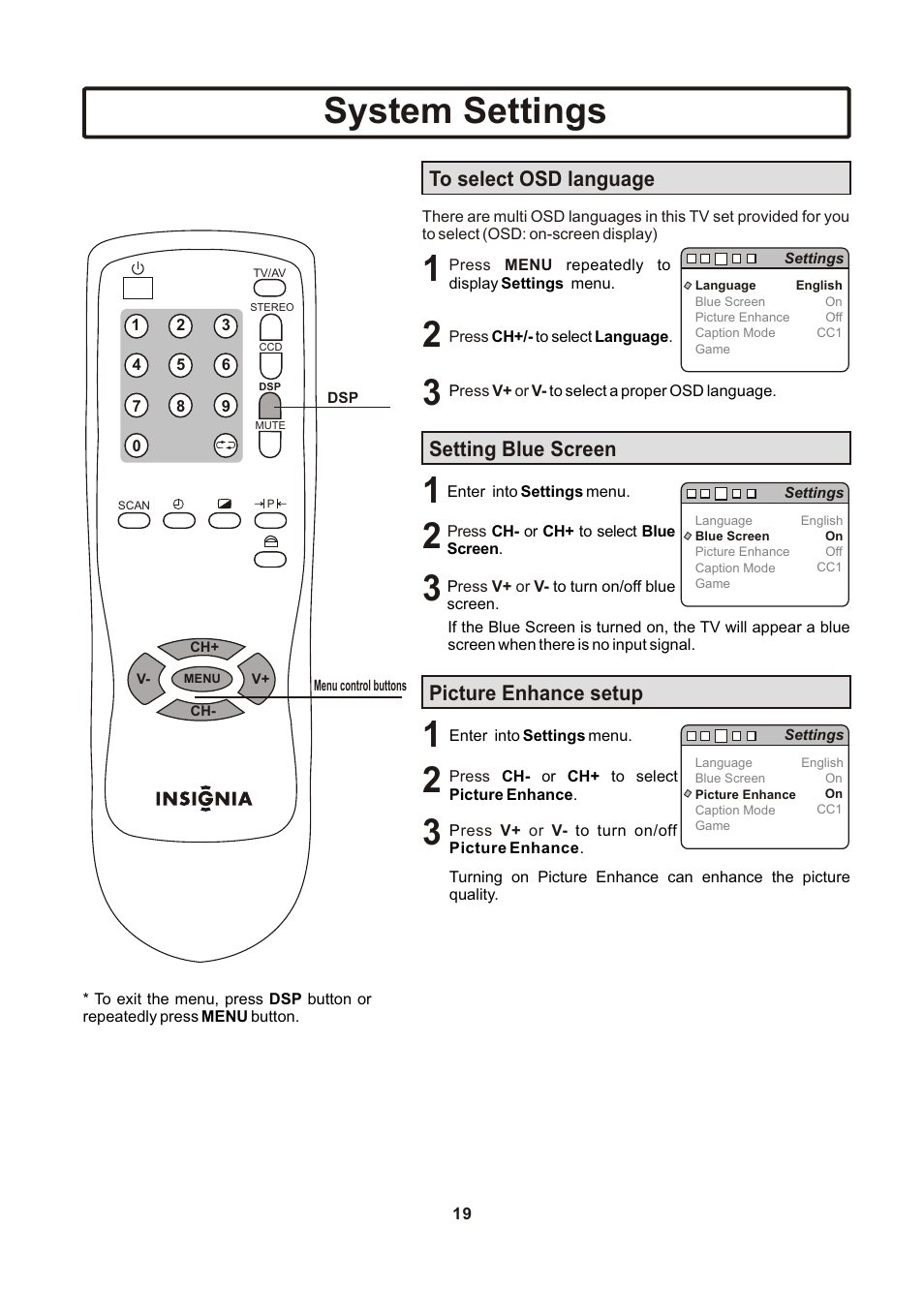 页面 20, System settings, Picture enhance setup | Insignia IS-TV040922 User Manual | Page 20 / 29