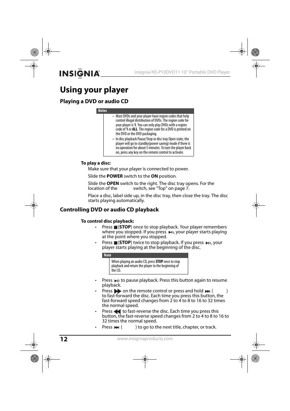 Using your player, Playing a dvd or audio cd, Controlling dvd or audio cd playback | Insignia NS-P10DVD11 User Manual | Page 12 / 27
