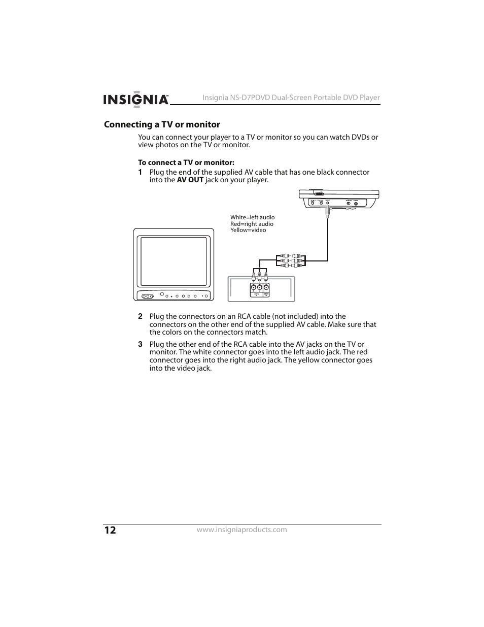 Connecting a tv or monitor | Insignia NS-D7PDVD User Manual | Page 12 / 29