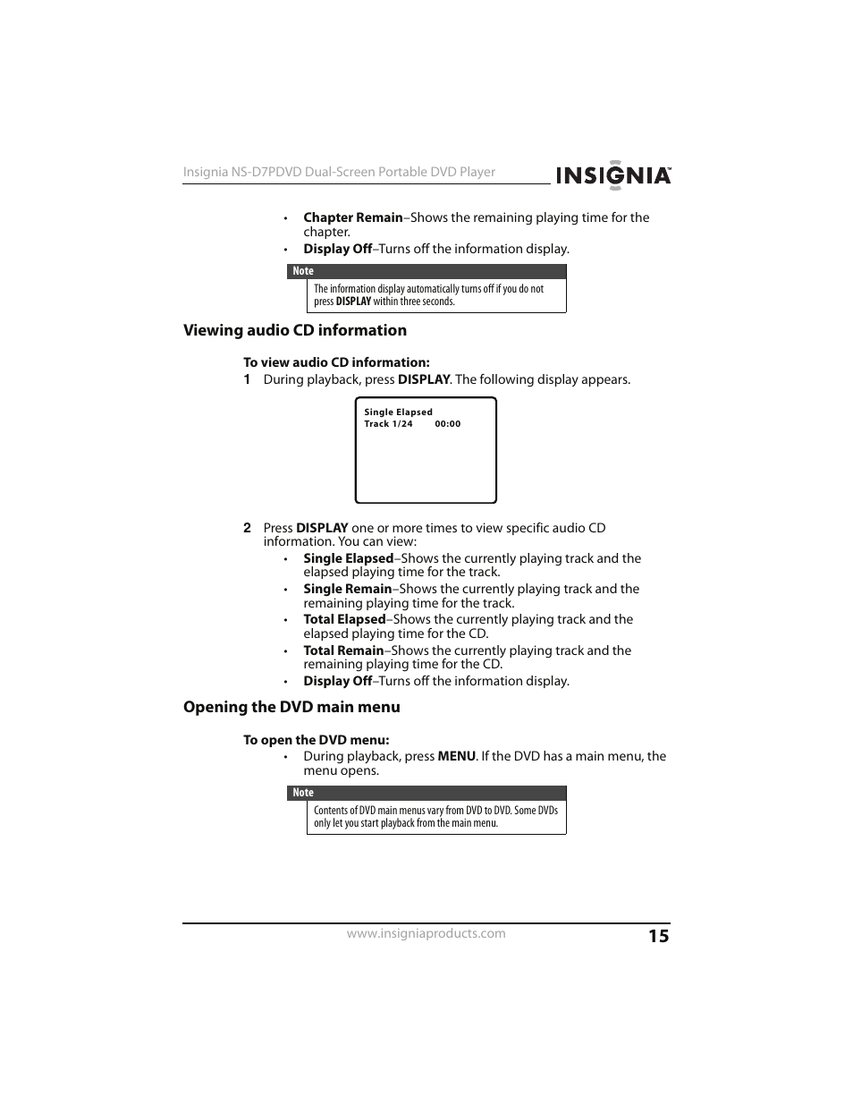 Viewing audio cd information, Opening the dvd main menu | Insignia NS-D7PDVD User Manual | Page 15 / 29