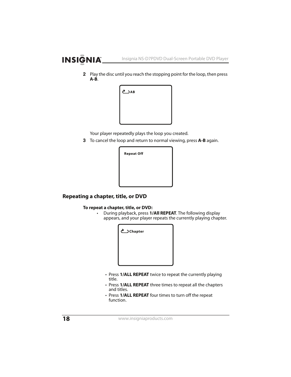 Repeating a chapter, title, or dvd | Insignia NS-D7PDVD User Manual | Page 18 / 29