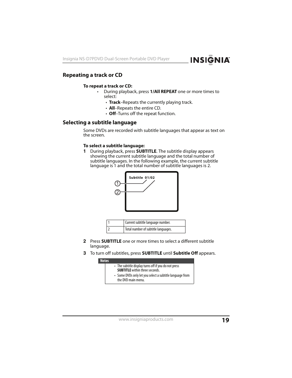 Repeating a track or cd, Selecting a subtitle language | Insignia NS-D7PDVD User Manual | Page 19 / 29