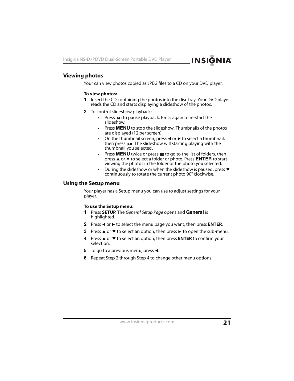 Viewing photos, Using the setup menu, Viewing photos using the setup menu | Insignia NS-D7PDVD User Manual | Page 21 / 29