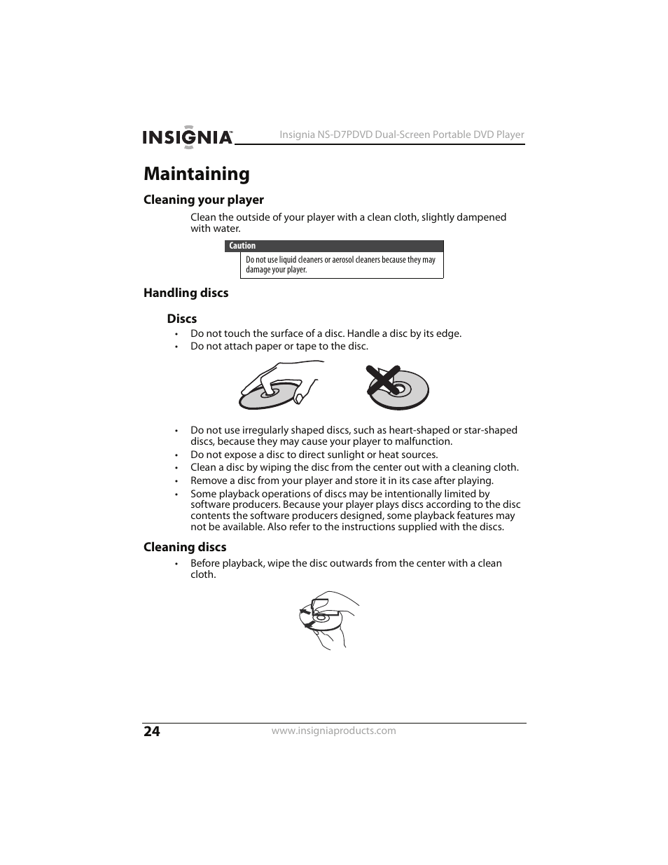 Maintaining, Cleaning your player, Handling discs | Cleaning discs, Cleaning your player handling discs cleaning discs | Insignia NS-D7PDVD User Manual | Page 24 / 29