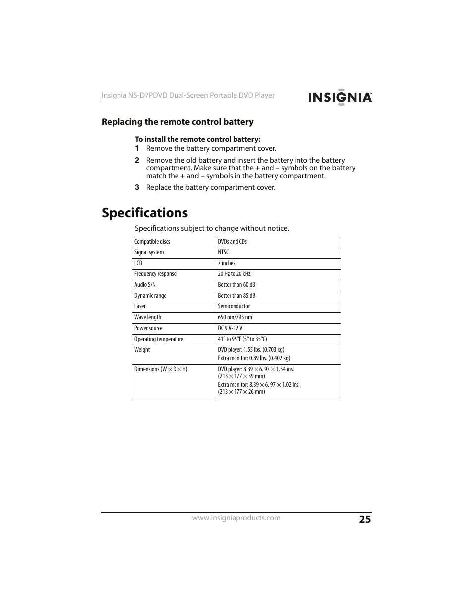 Replacing the remote control battery, Specifications | Insignia NS-D7PDVD User Manual | Page 25 / 29