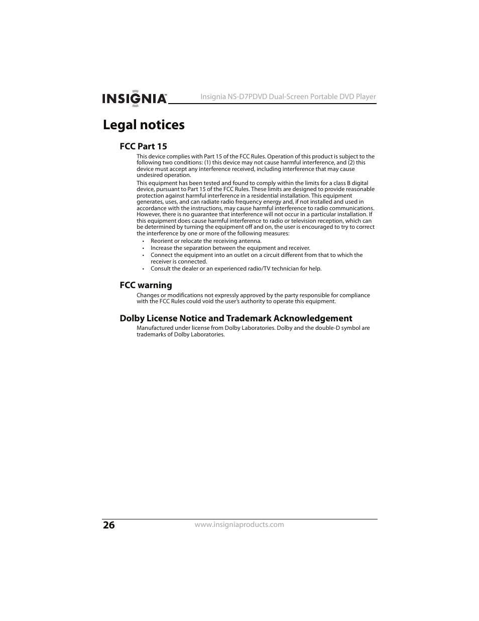 Legal notices | Insignia NS-D7PDVD User Manual | Page 26 / 29