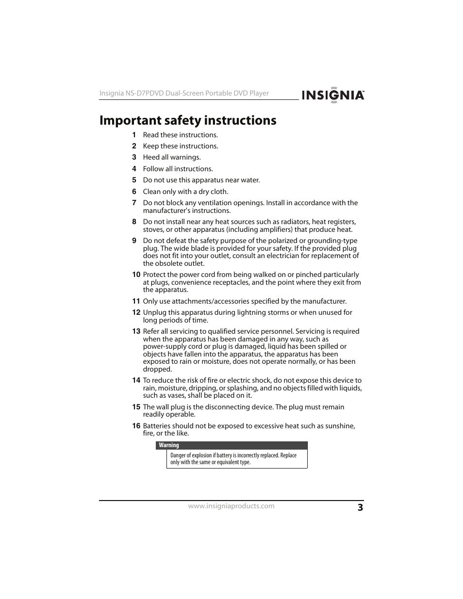 Important safety instructions | Insignia NS-D7PDVD User Manual | Page 3 / 29