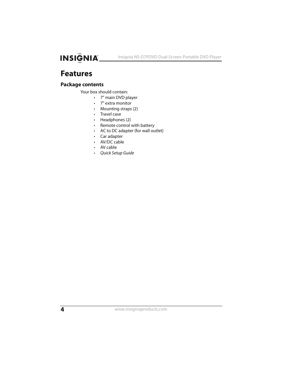 Features, Package contents | Insignia NS-D7PDVD User Manual | Page 4 / 29