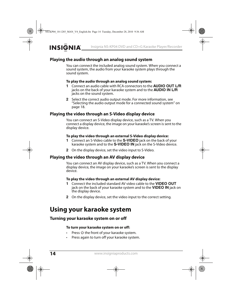 Using your karaoke system | Insignia NS-KP04 User Manual | Page 14 / 40