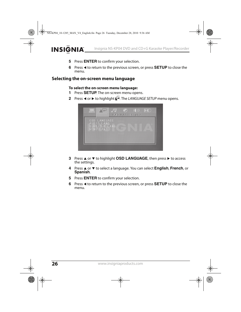 Selecting the on-screen menu language | Insignia NS-KP04 User Manual | Page 26 / 40