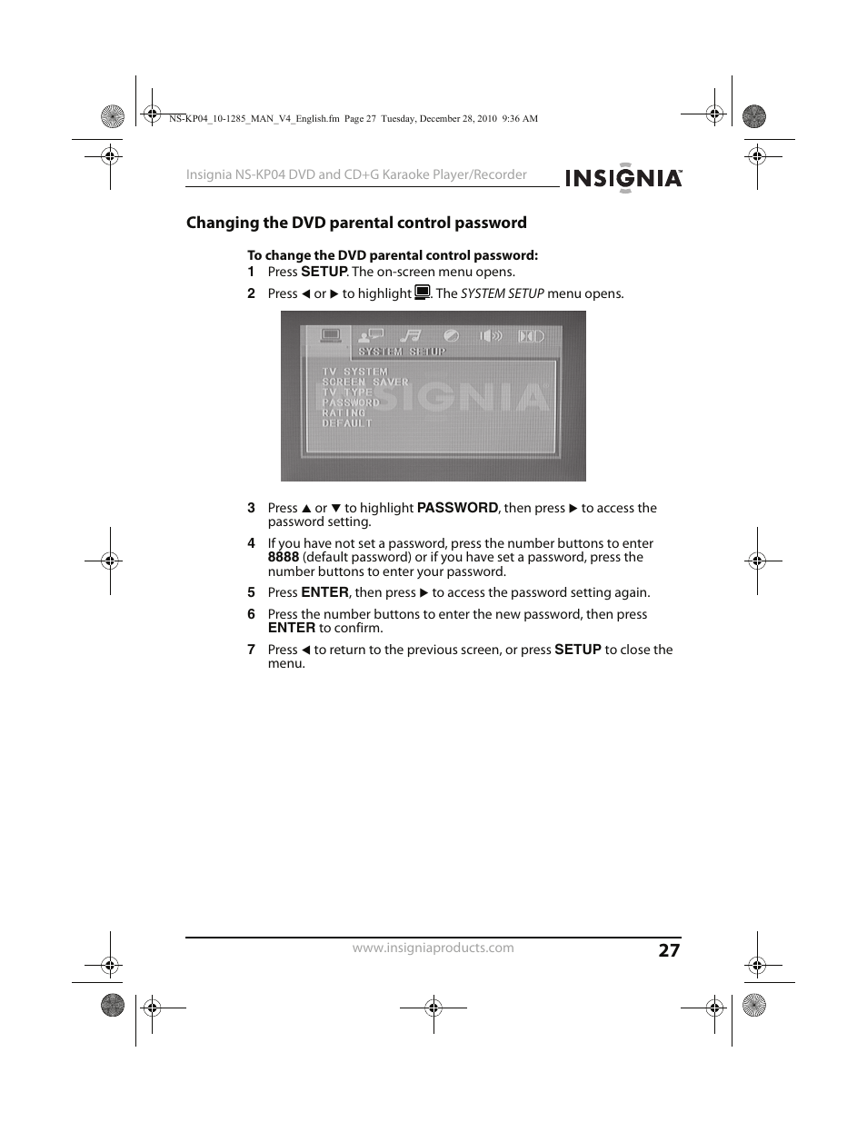 Changing the dvd parental control password | Insignia NS-KP04 User Manual | Page 27 / 40