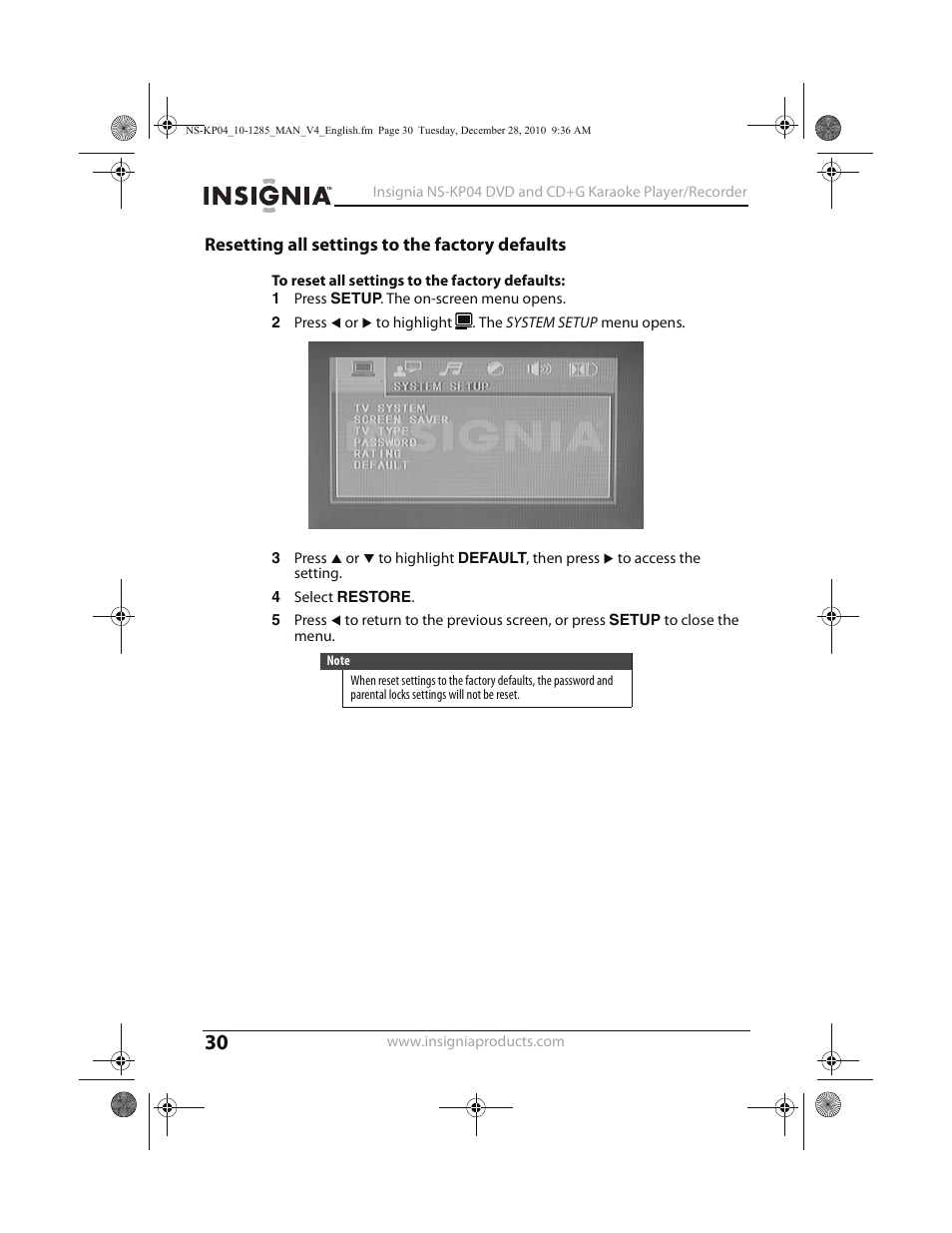 Resetting all settings to the factory defaults | Insignia NS-KP04 User Manual | Page 30 / 40