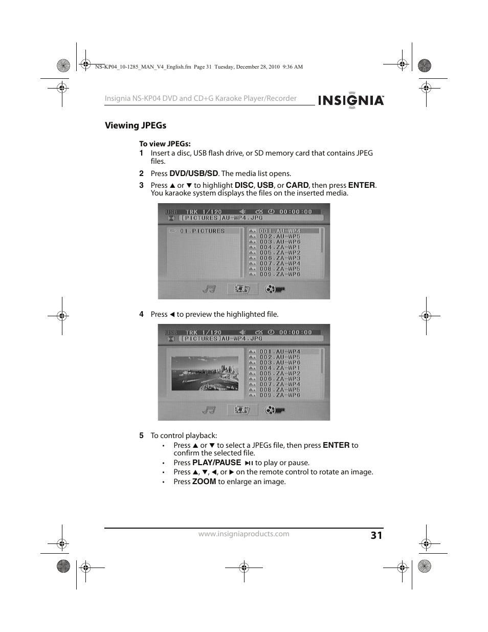 Viewing jpegs | Insignia NS-KP04 User Manual | Page 31 / 40