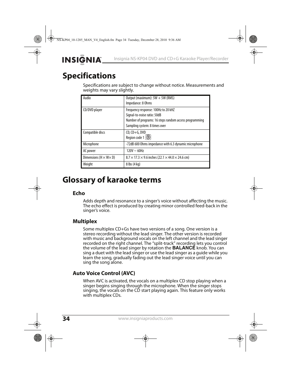 Specifications, Glossary of karaoke terms | Insignia NS-KP04 User Manual | Page 34 / 40