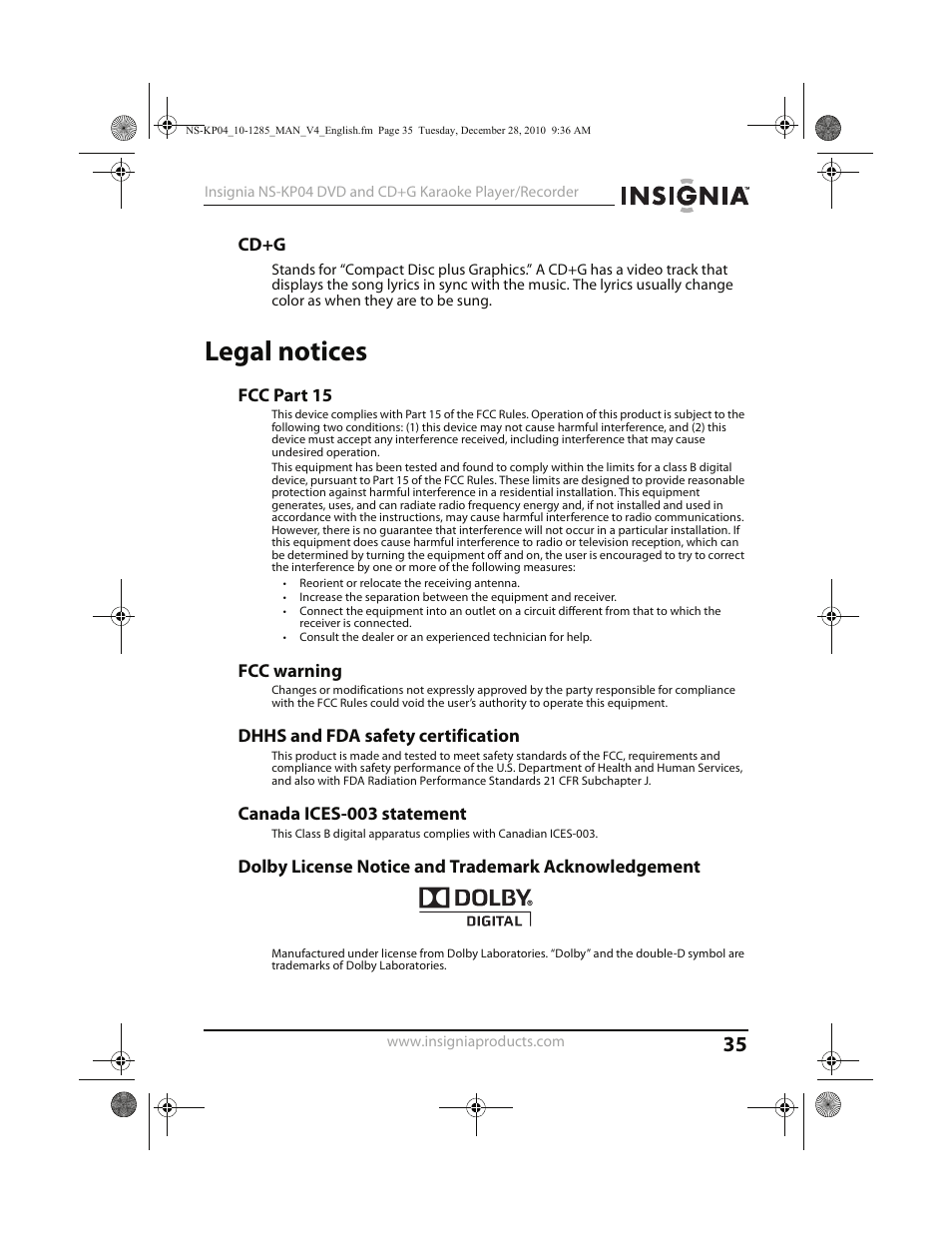 Legal notices | Insignia NS-KP04 User Manual | Page 35 / 40