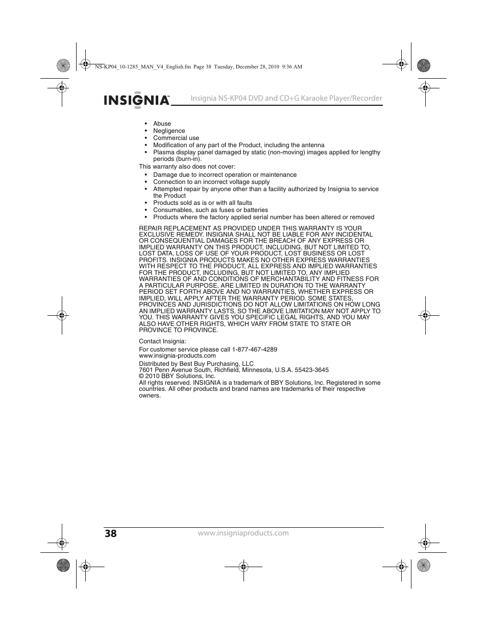 Insignia NS-KP04 User Manual | Page 38 / 40