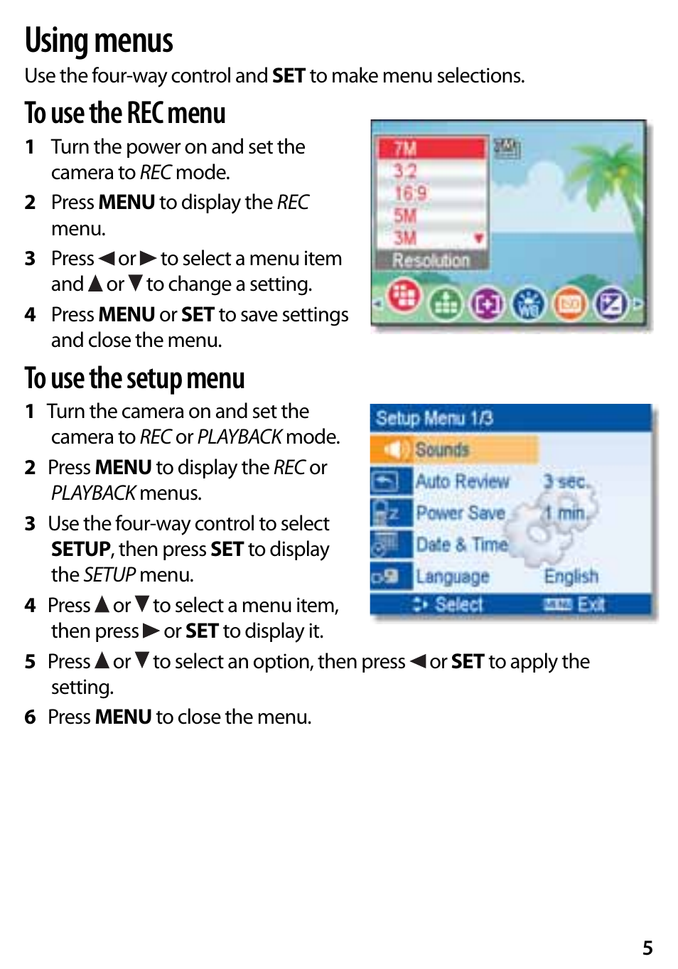 Using menus | Insignia NS-DSC7P09 User Manual | Page 5 / 8