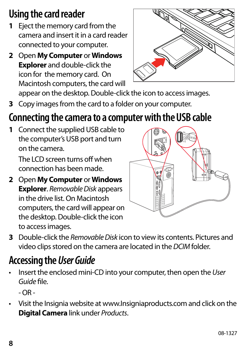 Using the card reader, Accessing the user guide | Insignia NS-DSC7P09 User Manual | Page 8 / 8