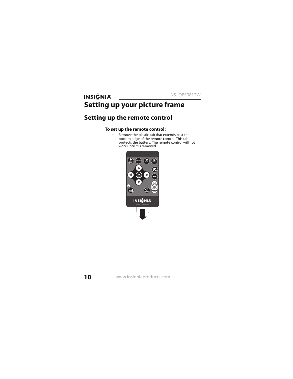 Setting up your picture frame, Setting up the remote control | Insignia NS- DPF0812W User Manual | Page 10 / 36