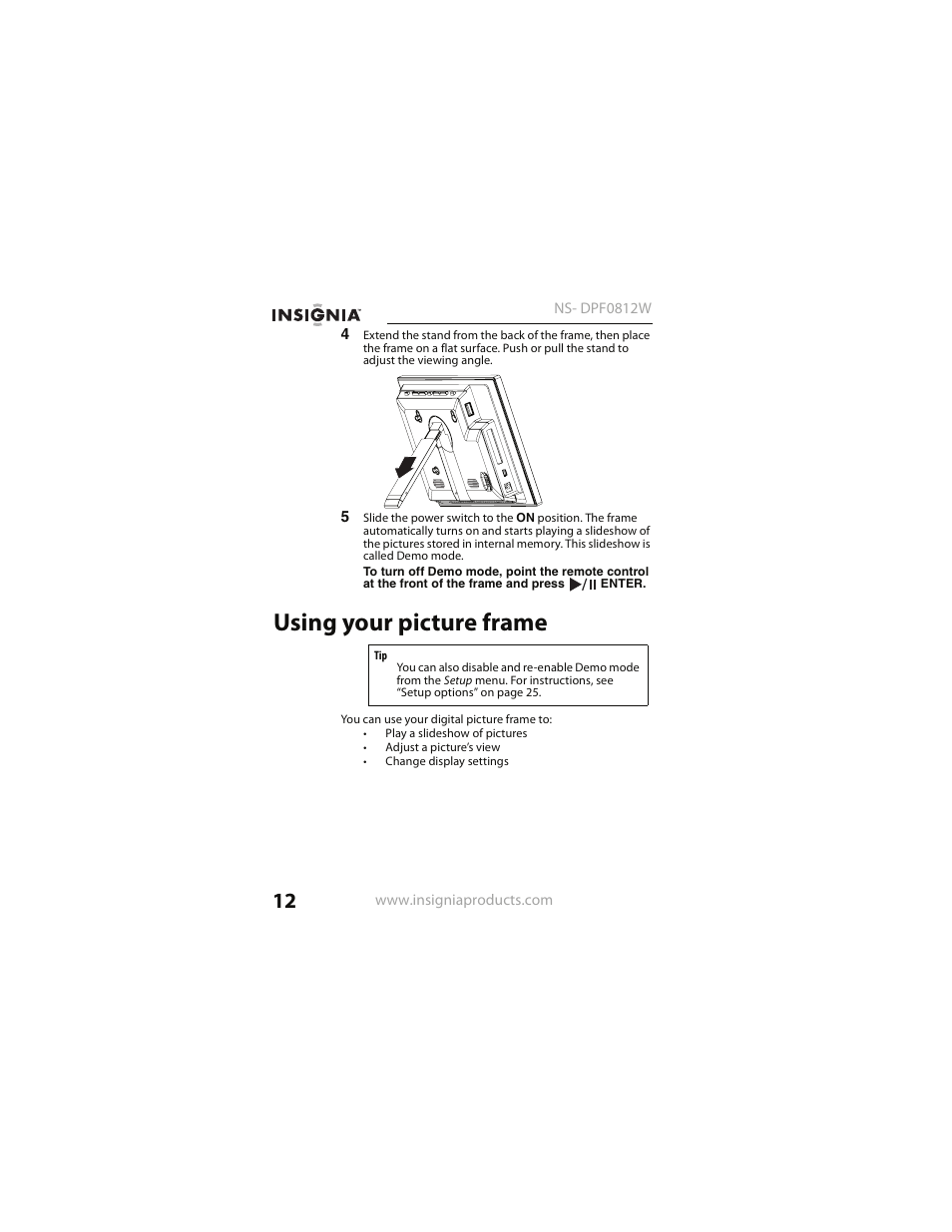 Using your picture frame | Insignia NS- DPF0812W User Manual | Page 12 / 36