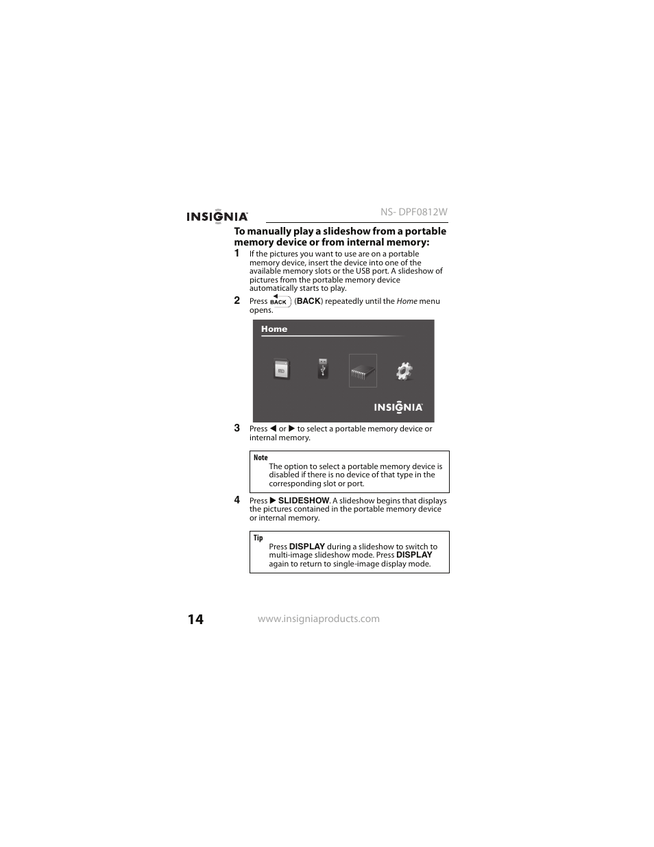 Insignia NS- DPF0812W User Manual | Page 14 / 36