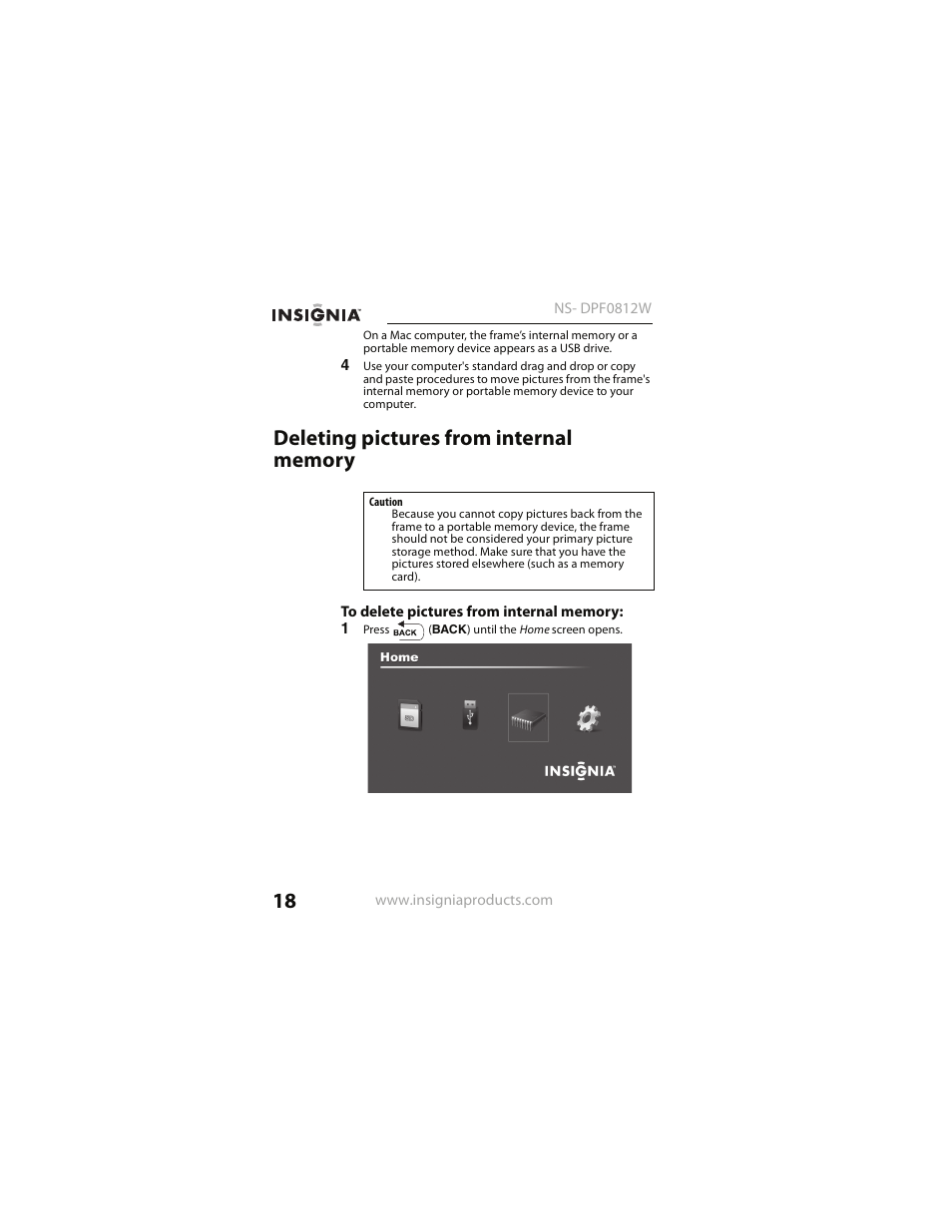 Deleting pictures from internal memory | Insignia NS- DPF0812W User Manual | Page 18 / 36