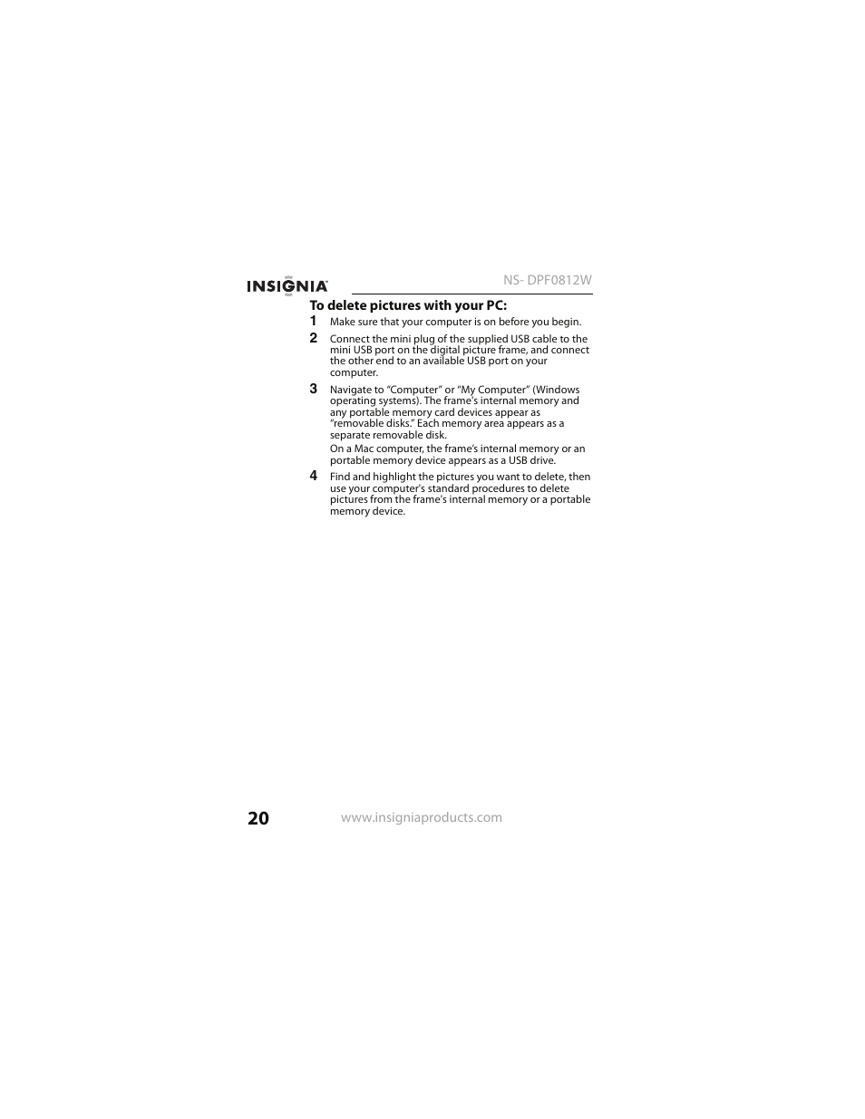Insignia NS- DPF0812W User Manual | Page 20 / 36