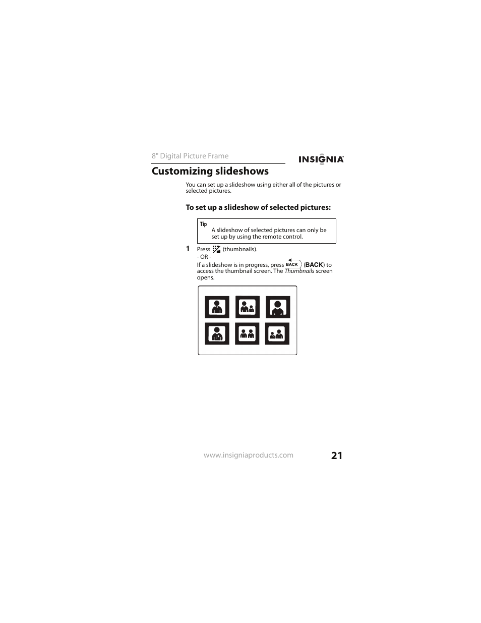 Customizing slideshows | Insignia NS- DPF0812W User Manual | Page 21 / 36