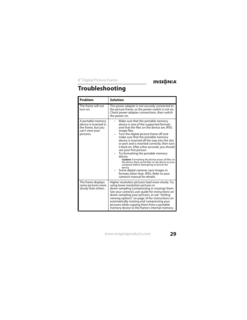 Troubleshooting | Insignia NS- DPF0812W User Manual | Page 29 / 36