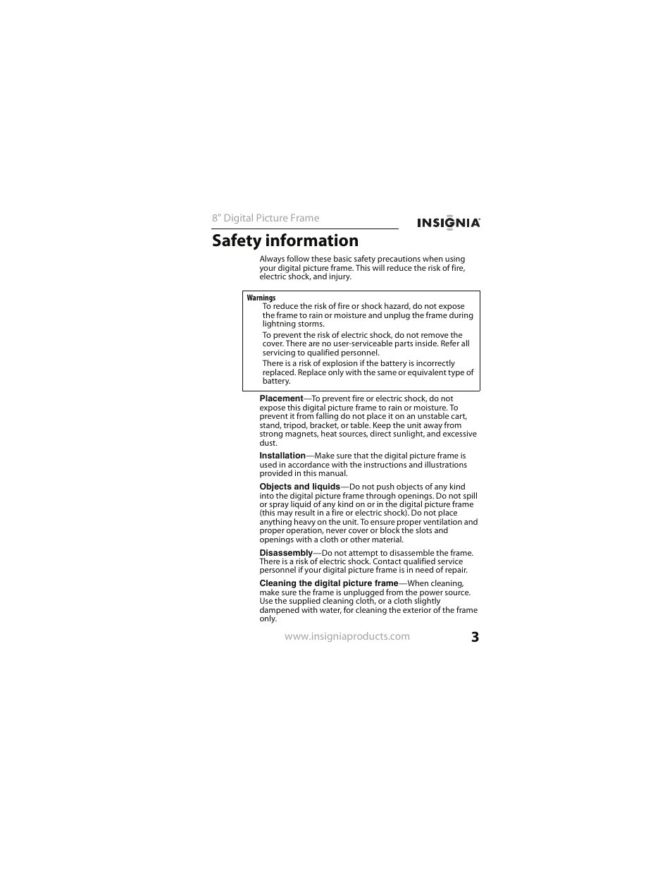 Safety information | Insignia NS- DPF0812W User Manual | Page 3 / 36