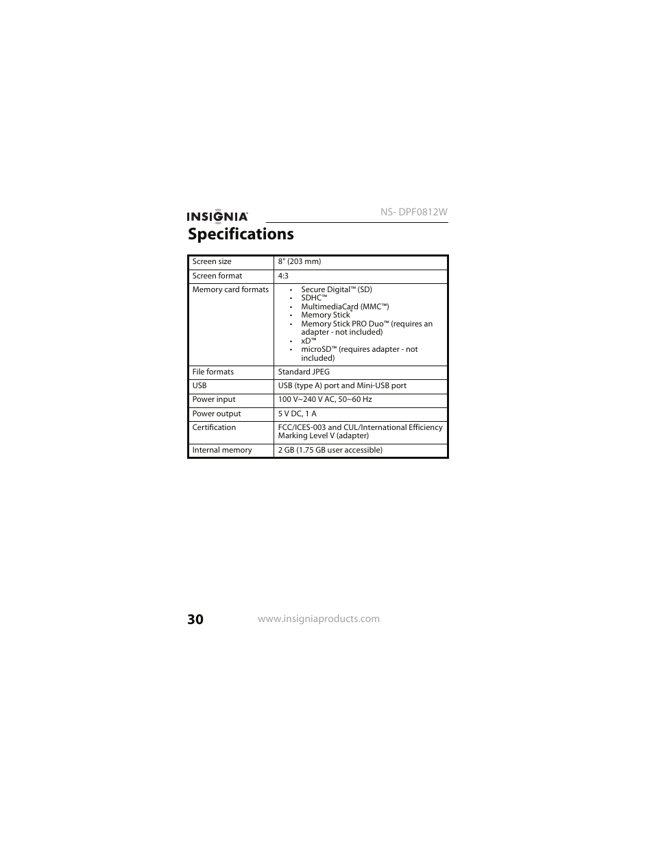 Specifications | Insignia NS- DPF0812W User Manual | Page 30 / 36