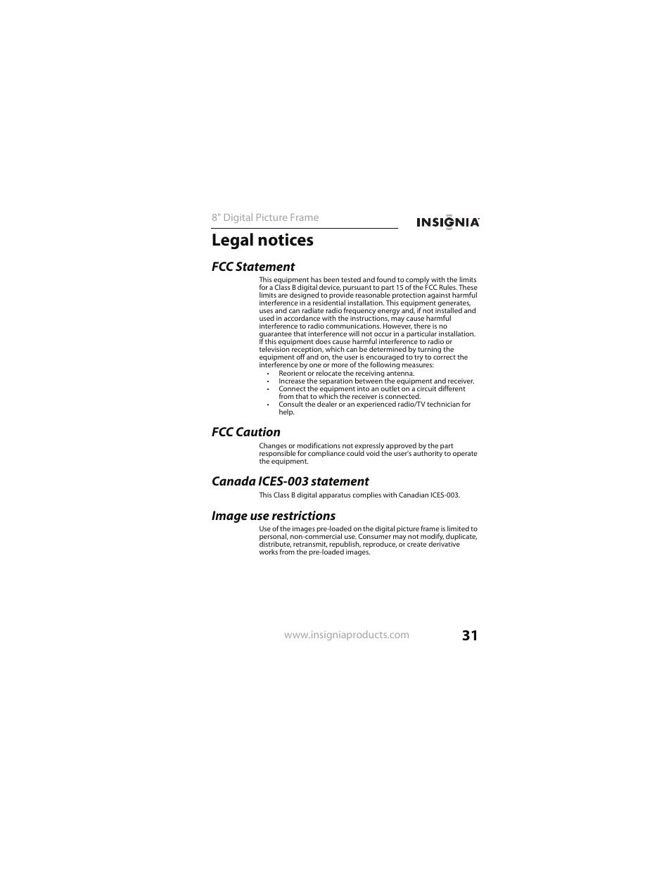 Legal notices, Fcc statement, Fcc caution | Canada ices-003 statement, Image use restrictions | Insignia NS- DPF0812W User Manual | Page 31 / 36