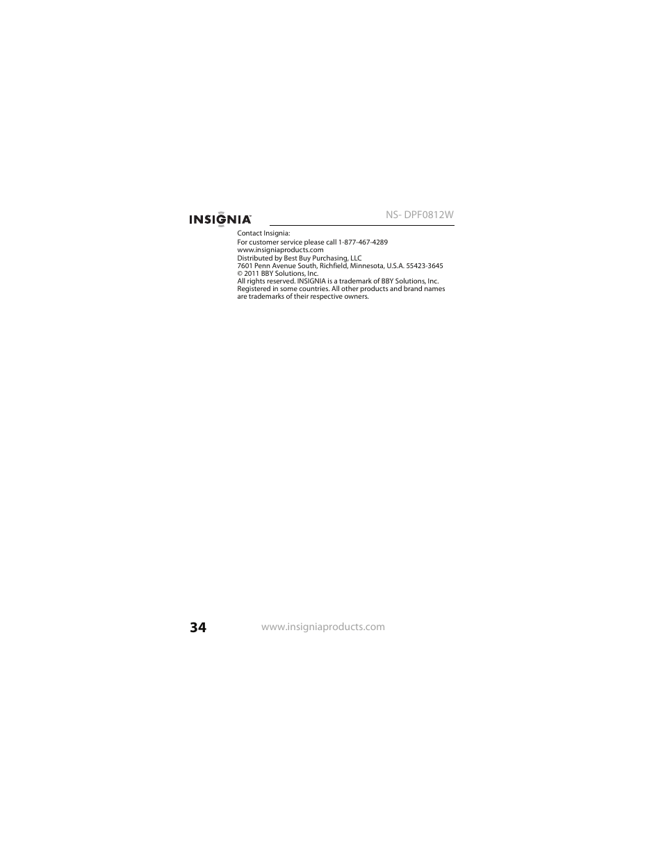 Insignia NS- DPF0812W User Manual | Page 34 / 36