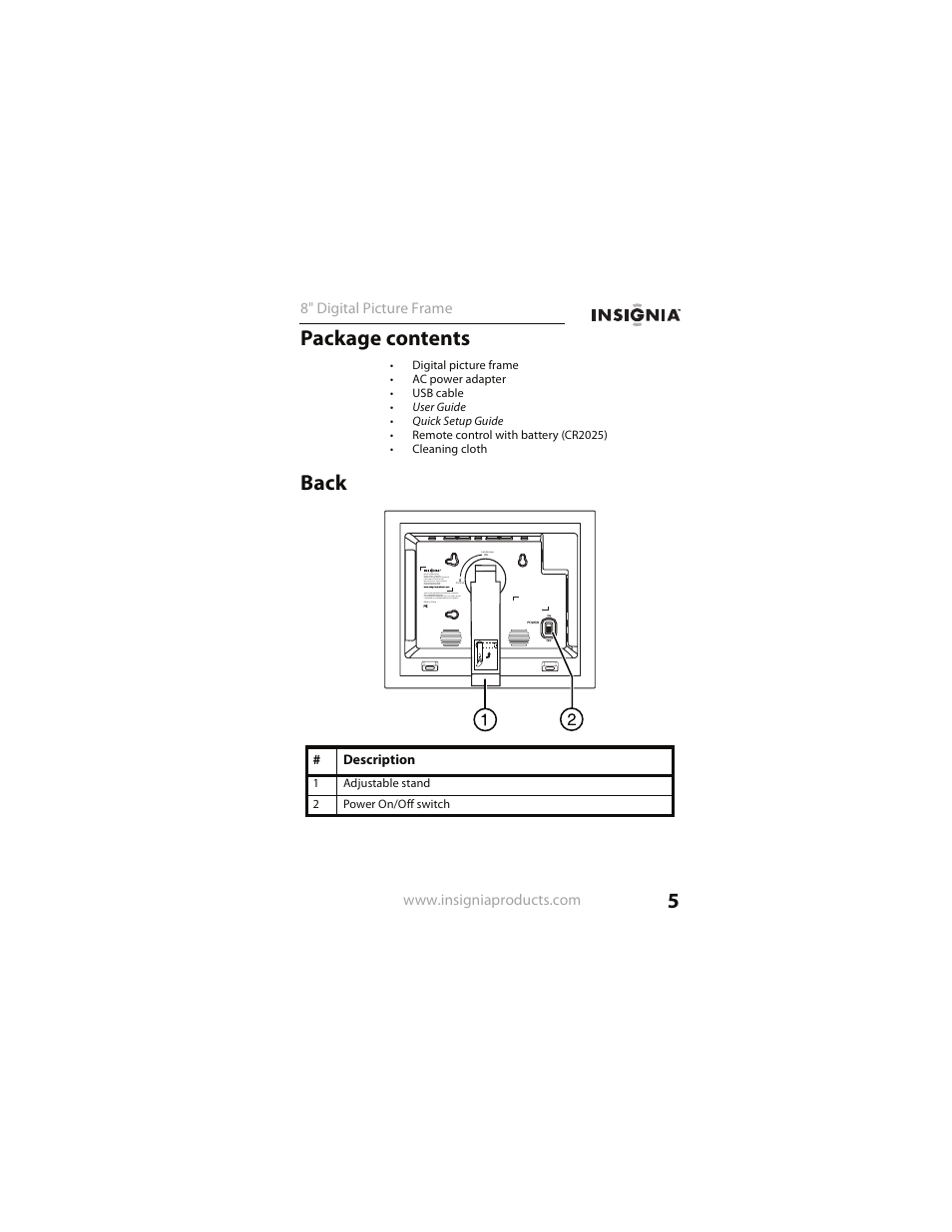 Package contents, Back | Insignia NS- DPF0812W User Manual | Page 5 / 36