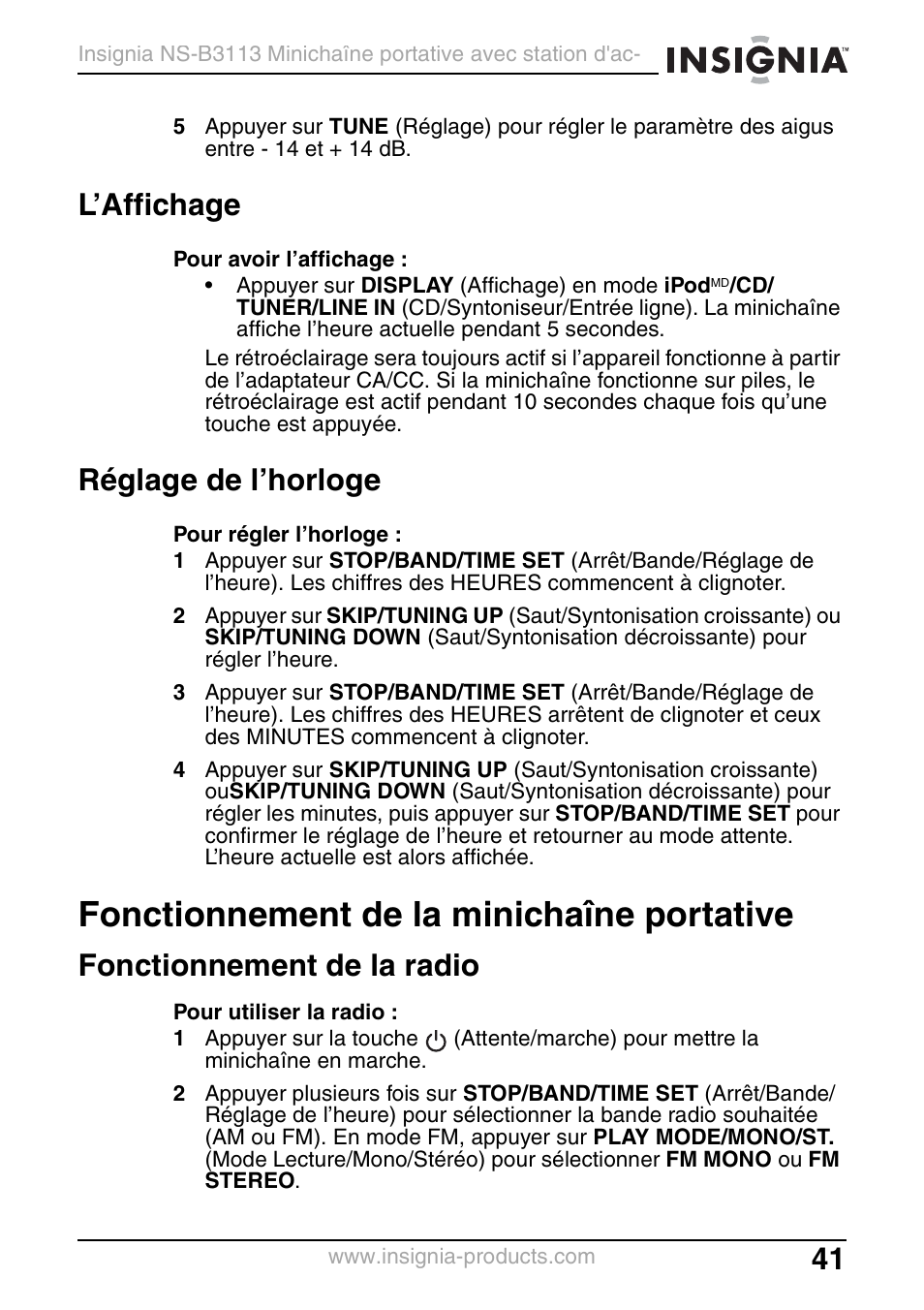 L’affichage, Réglage de l’horloge, Fonctionnement de la minichaîne portative | Fonctionnement de la radio | Insignia NS-B3113 User Manual | Page 41 / 84