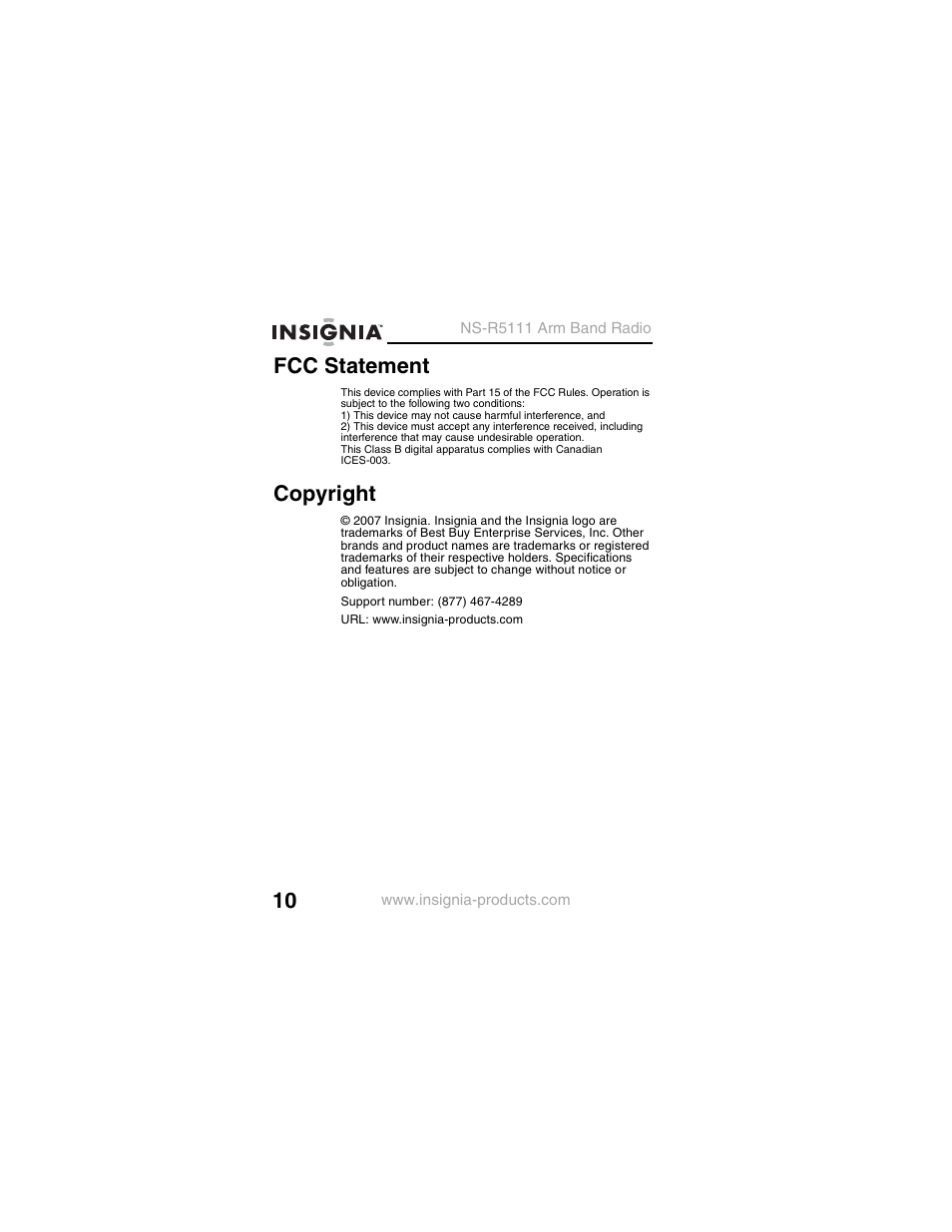 Fcc statement, Copyright | Insignia NS-R5111 User Manual | Page 12 / 48