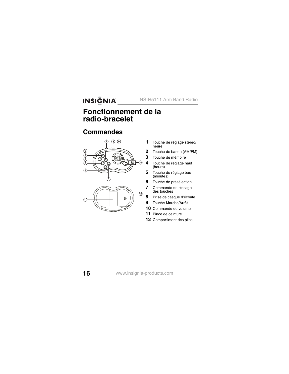 Fonctionnement de la radio-bracelet, Commandes, 1 touche de réglage stéréo/ heure | 2 touche de bande (am/fm), 3 touche de mémoire, 4 touche de réglage haut (heure), 5 touche de réglage bas (minutes), 6 touche de présélection, 7 commande de blocage des touches, 8 prise de casque d’écoute | Insignia NS-R5111 User Manual | Page 18 / 48