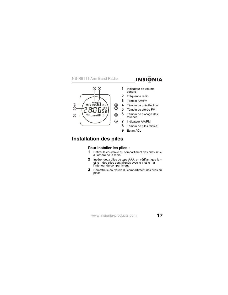 1 indicateur de volume sonore, 2 fréquence radio, 3 témoin am/fm | 4 témoin de présélection, 5 témoin de stéréo fm, 6 témoin de blocage des touches, 7 indicateur am/pm, 8 témoin de piles faibles, 9 écran acl, Installation des piles | Insignia NS-R5111 User Manual | Page 19 / 48