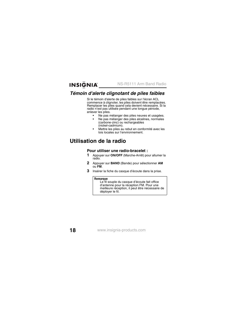 Témoin d'alerte clignotant de piles faibles, Utilisation de la radio | Insignia NS-R5111 User Manual | Page 20 / 48