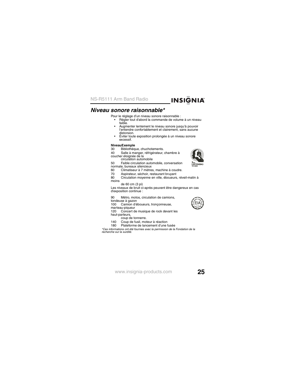 Niveau sonore raisonnable, Ns-r5111 arm band radio | Insignia NS-R5111 User Manual | Page 27 / 48