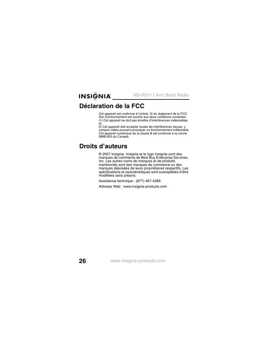 Déclaration de la fcc, Droits d’auteurs | Insignia NS-R5111 User Manual | Page 28 / 48