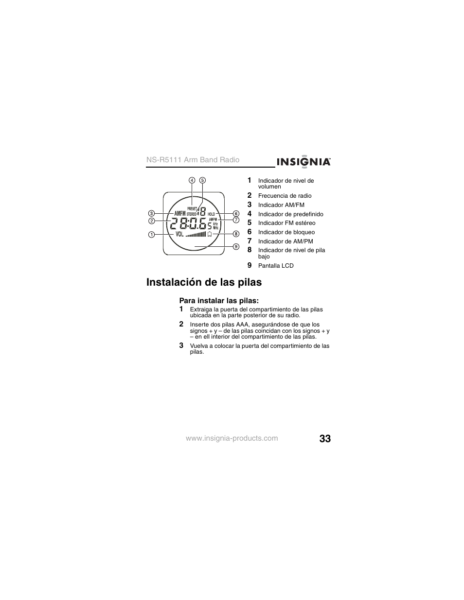 1 indicador de nivel de volumen, 2 frecuencia de radio, 3 indicador am/fm | 4 indicador de predefinido, 5 indicador fm estéreo, 6 indicador de bloqueo, 7 indicador de am/pm, 8 indicador de nivel de pila bajo, 9 pantalla lcd, Instalación de las pilas | Insignia NS-R5111 User Manual | Page 35 / 48