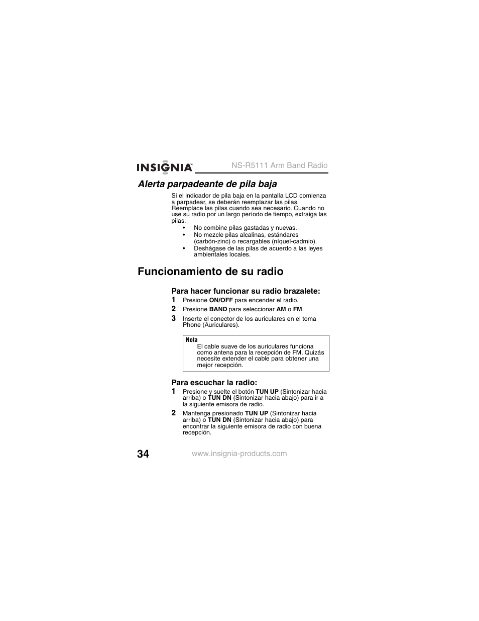 Alerta parpadeante de pila baja, Funcionamiento de su radio, 1 presione on/off para encender el radio | 2 presione band para seleccionar am o fm | Insignia NS-R5111 User Manual | Page 36 / 48