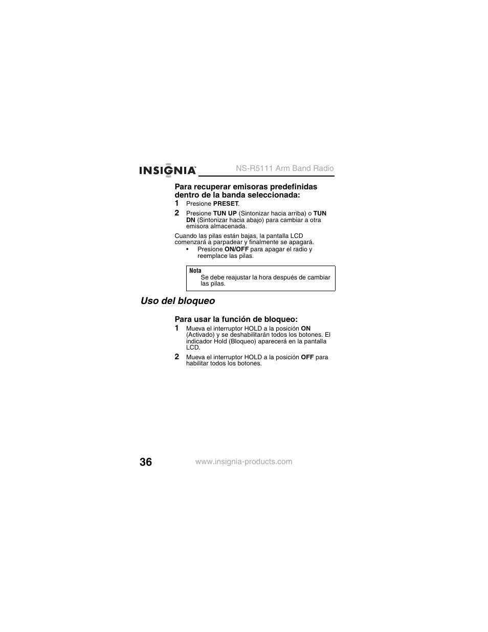 1 presione preset, Uso del bloqueo | Insignia NS-R5111 User Manual | Page 38 / 48