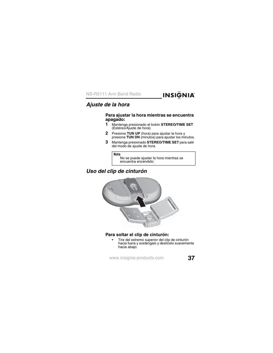 Ajuste de la hora, Uso del clip de cinturón | Insignia NS-R5111 User Manual | Page 39 / 48