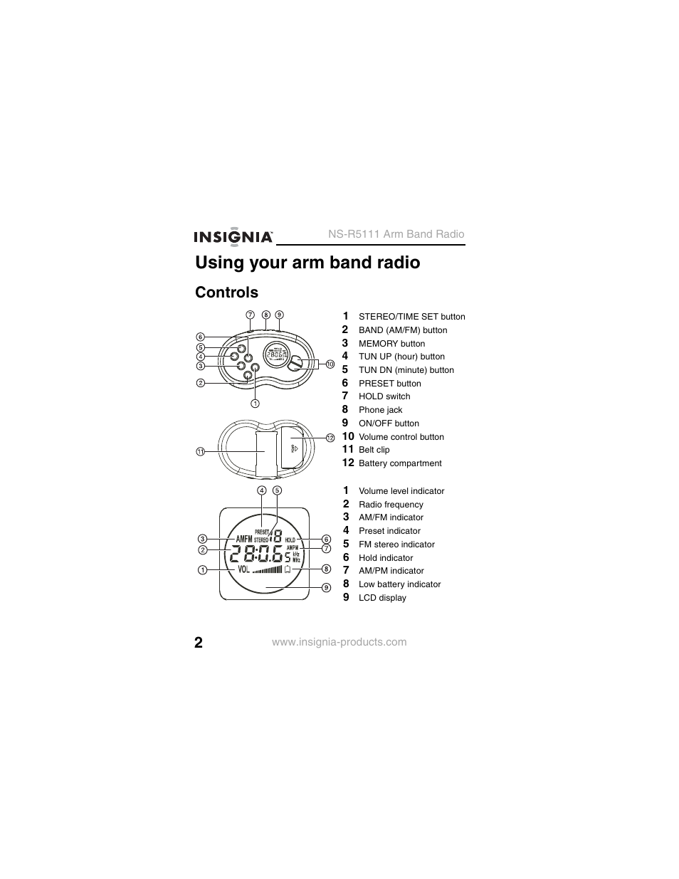 Using your arm band radio, Controls, 1 stereo/time set button | 2 band (am/fm) button, 3 memory button, 4 tun up (hour) button, 5 tun dn (minute) button, 6 preset button, 7 hold switch, 8 phone jack | Insignia NS-R5111 User Manual | Page 4 / 48