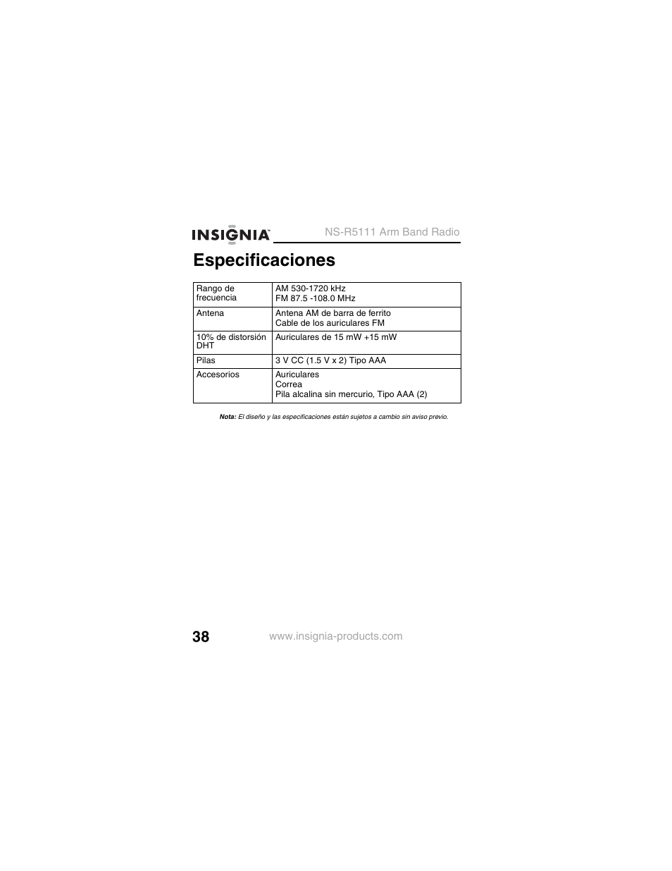 Especificaciones | Insignia NS-R5111 User Manual | Page 40 / 48