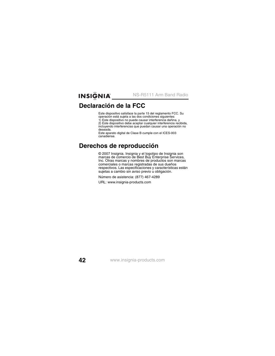 Declaración de la fcc, Derechos de reproducción | Insignia NS-R5111 User Manual | Page 44 / 48